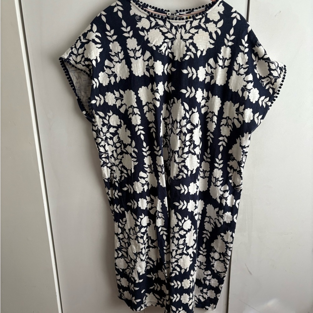 Boden Navy Cotton Pom Pom Trim Detail TShirt Floral Preppy Coastal Dress Size 14
